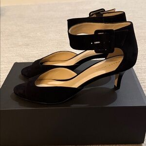 Pelle Moda Black Suede Ankle-Strap Kitten Heel Sandals